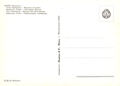 Back of a postcard with text and a logo, featuring a light gradient background.