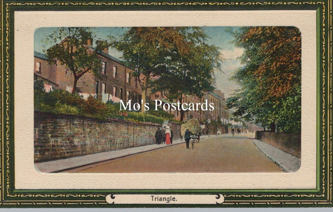Vintage-style postcard with a scenic street view and 'Mo's Postcards' branding.