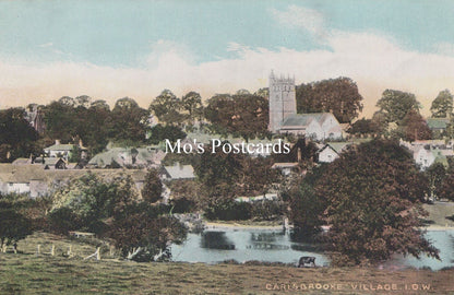 Vintage postcard of a village with a church and pond, labeled 'Mo's Postcards'.