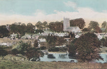 Load image into Gallery viewer, Vintage postcard of a village with a church and pond, labeled &#39;Mo&#39;s Postcards&#39;.

