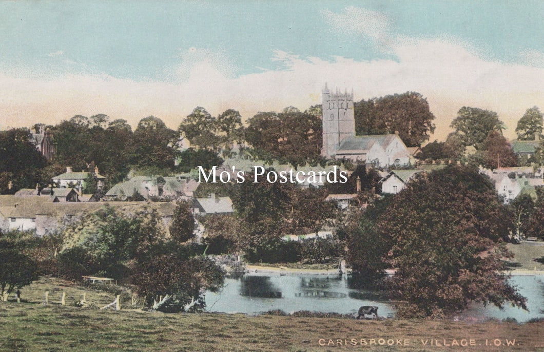 Vintage postcard of a village with a church and pond, labeled 'Mo's Postcards'.