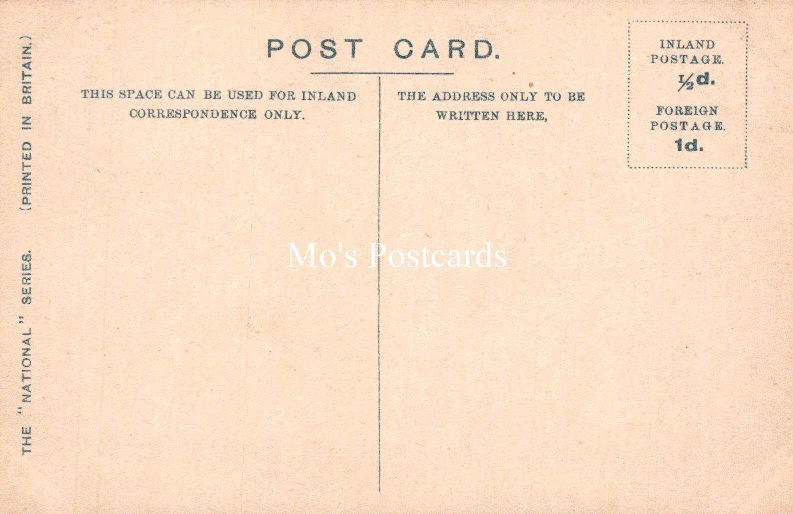 Vintage-style postcard back with text and 'Mo's Postcards' branding