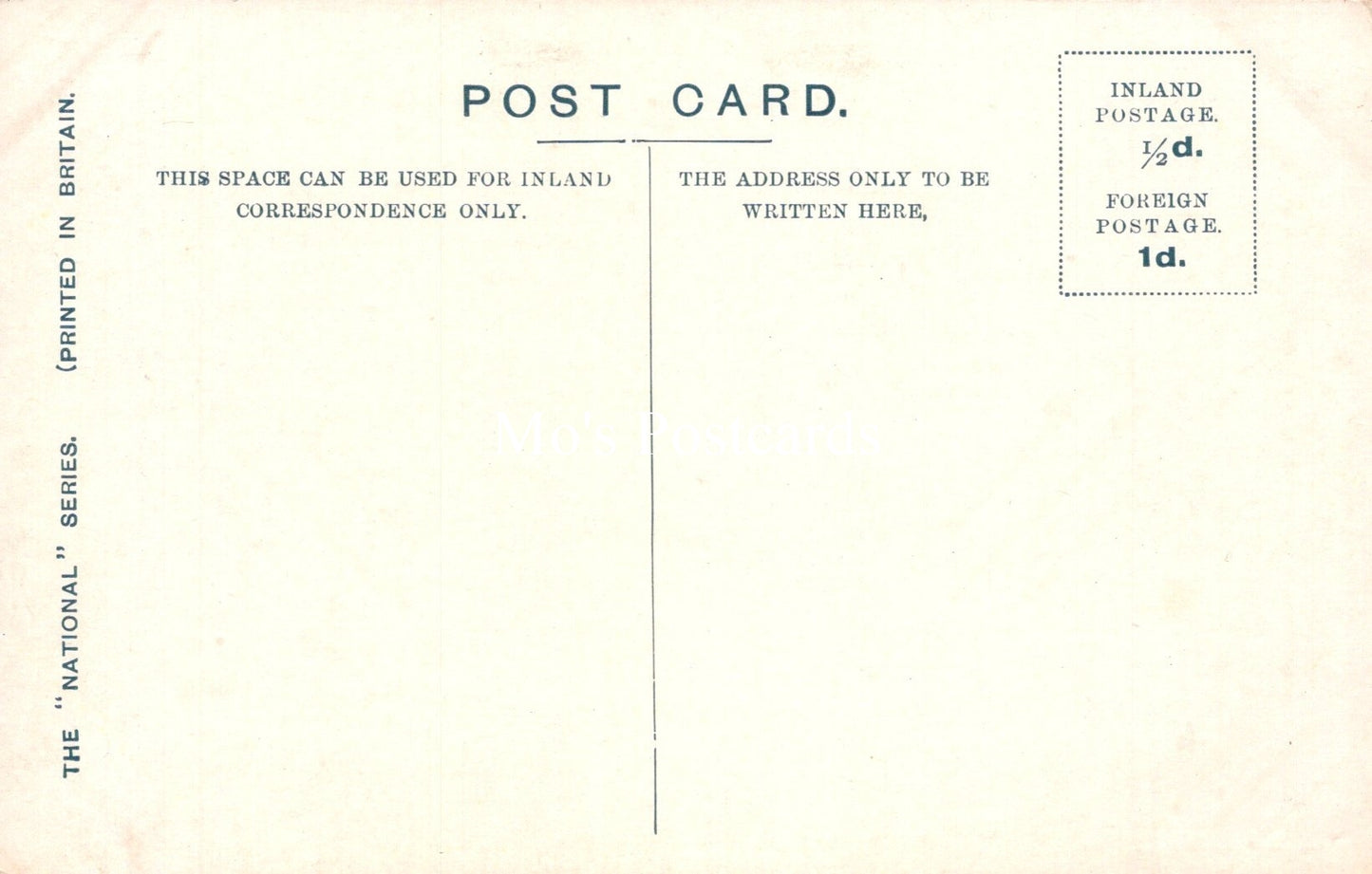 Back of a vintage postcard with printed text and postage information.