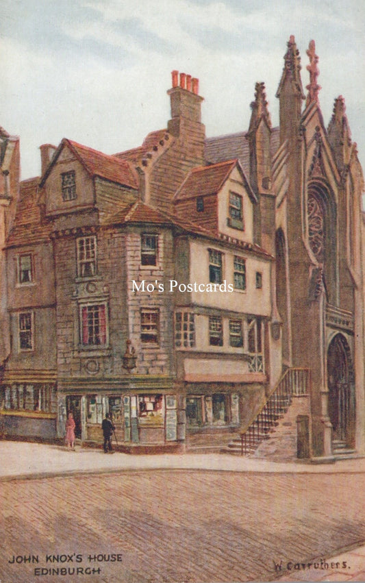 Illustration of John Knox's House in Edinburgh with a church and people on a street.