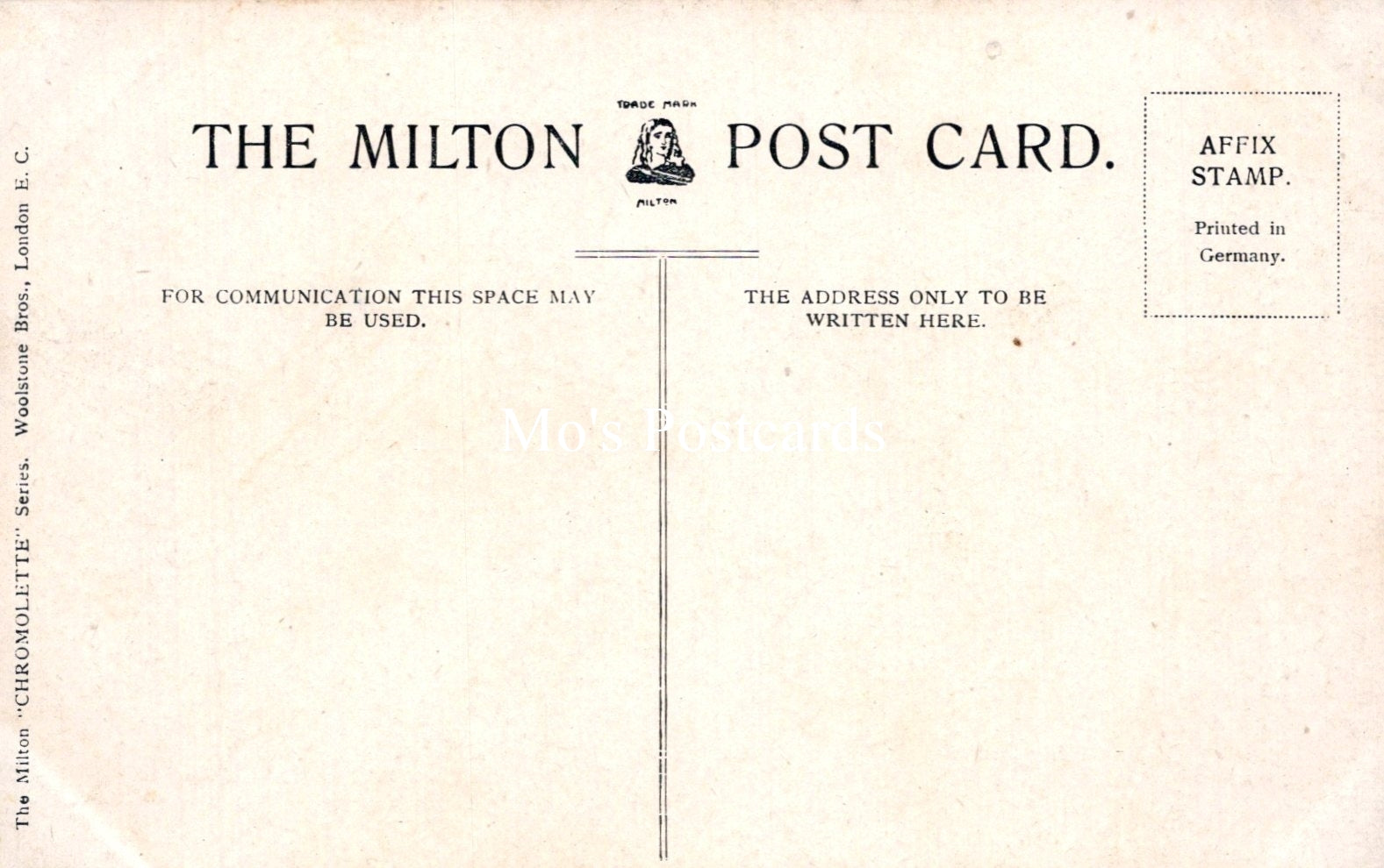 Vintage Milton postcard with text and a stamp placeholder on a beige background
