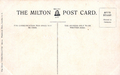 Vintage Milton postcard with text and a stamp placeholder on a beige background