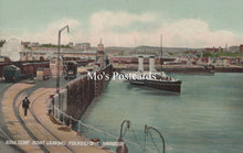 Load image into Gallery viewer, Vintage postcard of a harbor scene with a boat leaving Folkestone Harbour, labeled &#39;Mo&#39;s Postcards&#39;.
