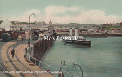 Vintage postcard of a harbor scene with a boat leaving Folkestone Harbour, labeled 'Mo's Postcards'.