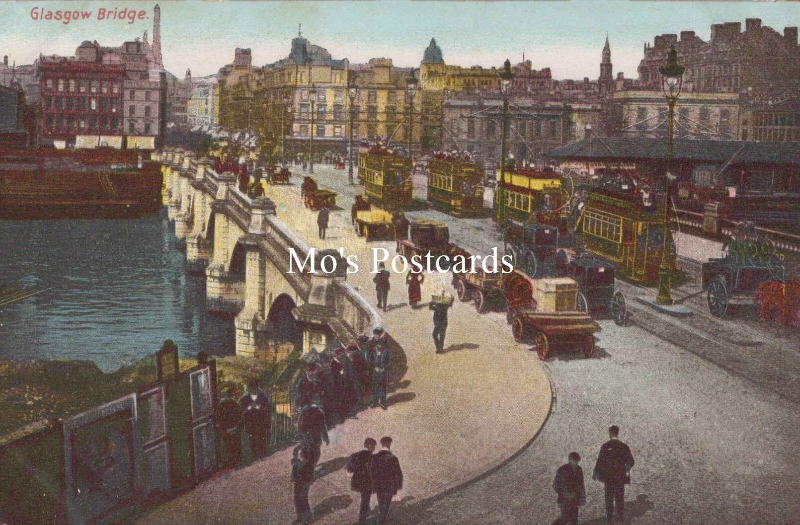 Vintage postcard of Glasgow Bridge with historical vehicles and architecture.