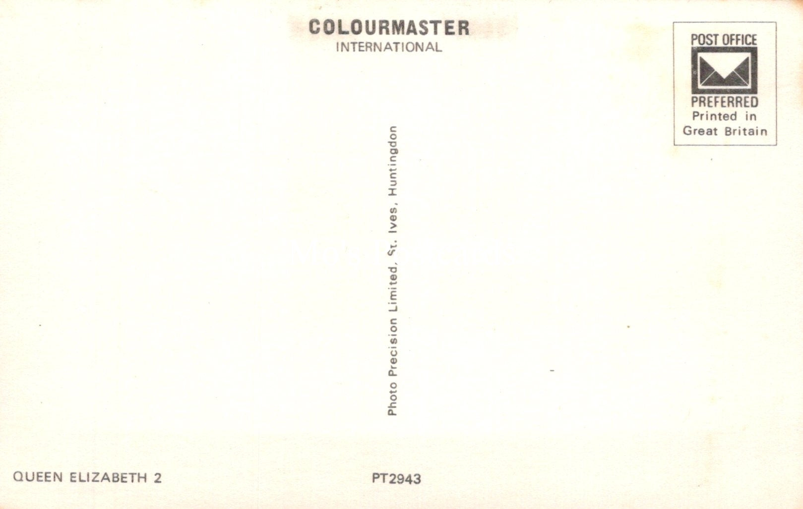 Back of a postcard with 'Colourmaster International' branding and text.