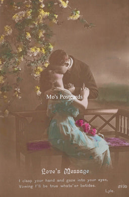 Vintage-style image of a couple under a flowering tree with 'Mo's Postcards' branding.