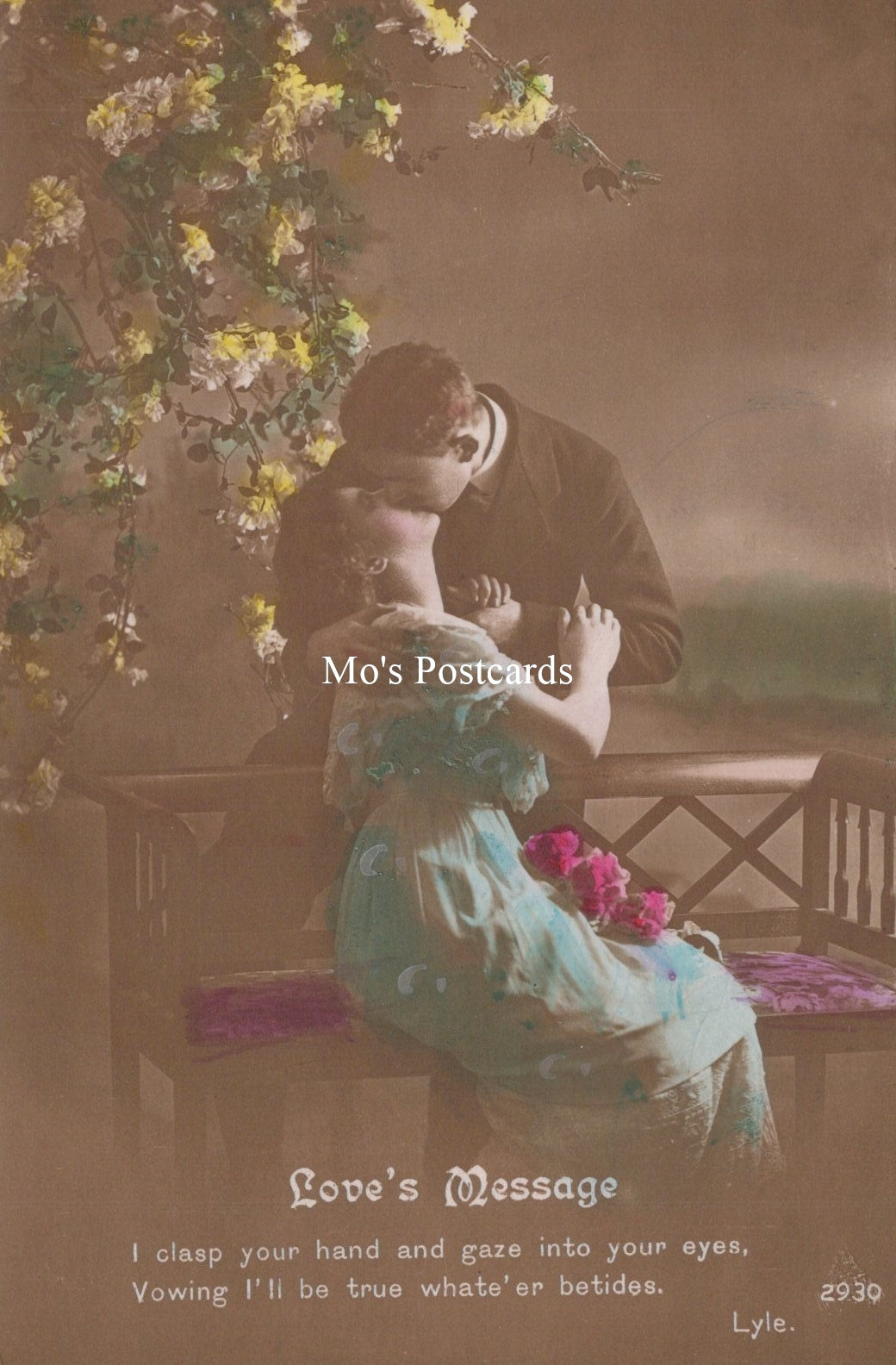 Vintage-style image of a couple under a flowering tree with 'Mo's Postcards' branding.