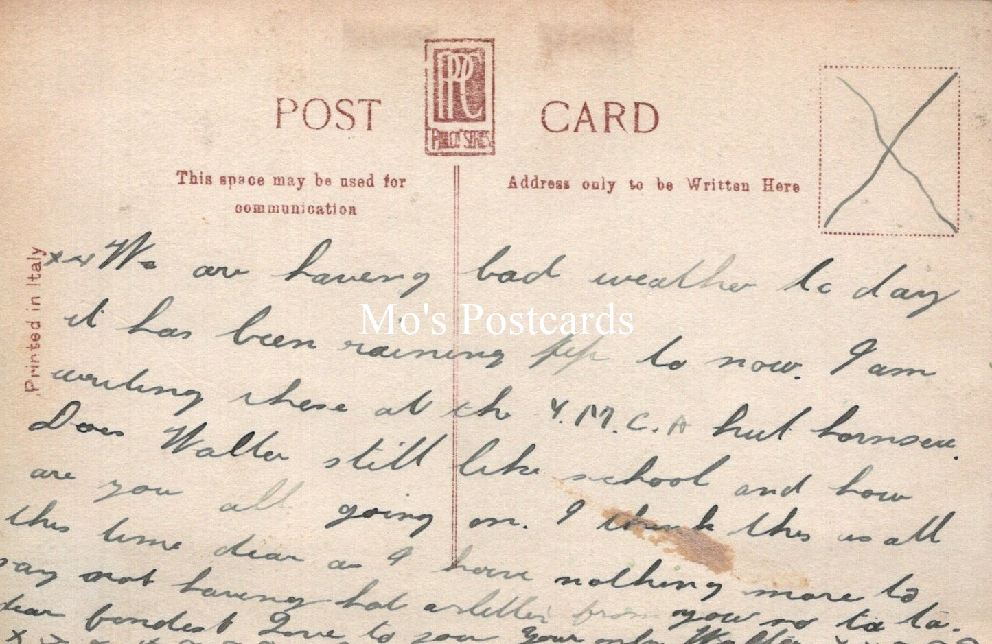 Vintage postcard with handwritten text and a red stamp, featuring the brand 'Mo's Postcards'.