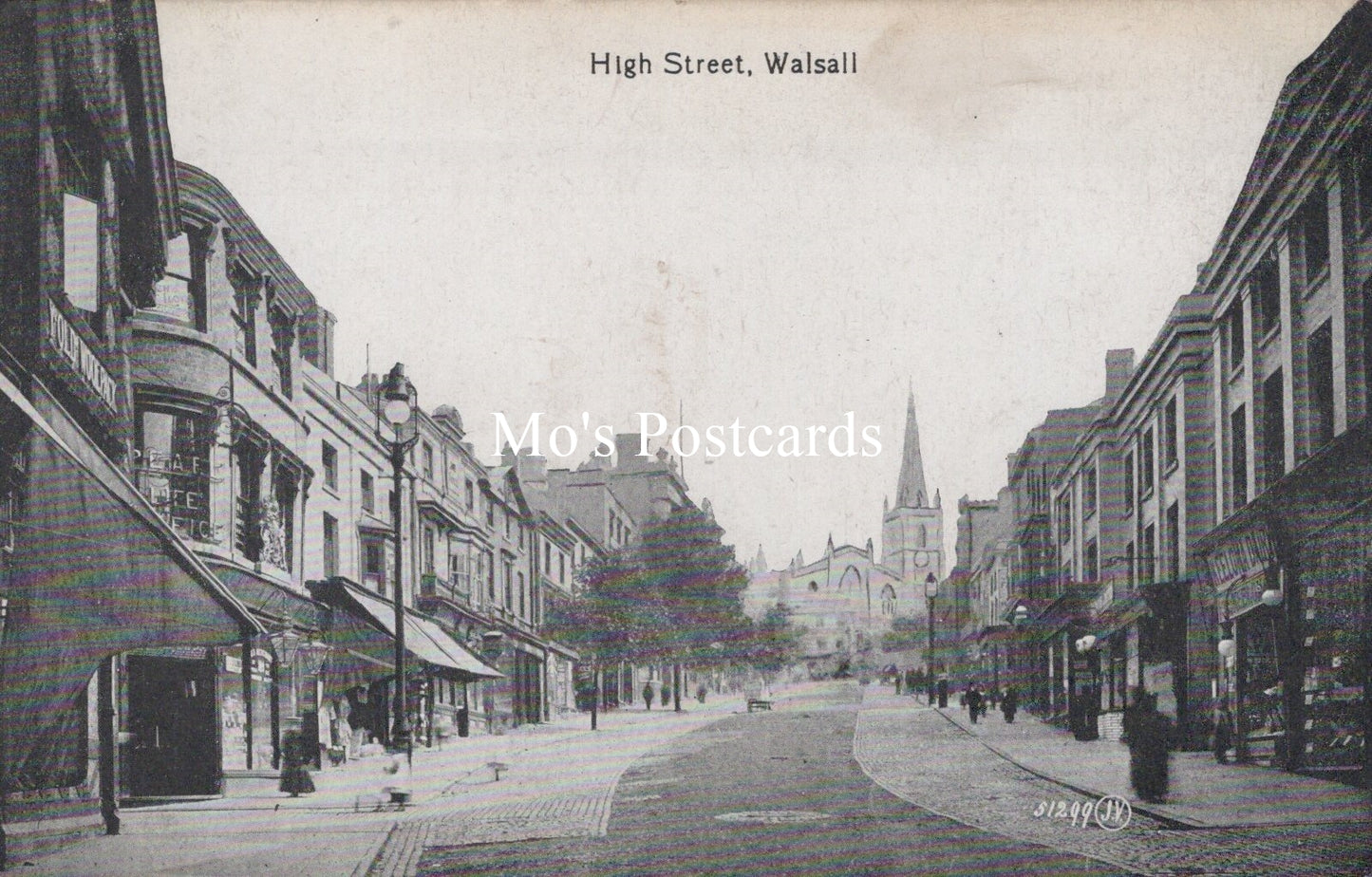 Vintage black and white photo of High Street in Walsall with buildings and people.