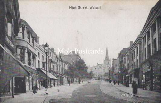 Vintage black and white photo of High Street in Walsall with buildings and people.
