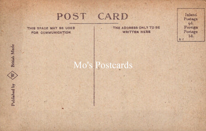 Vintage-style postcard with 'Mo's Postcards' branding on a brown background