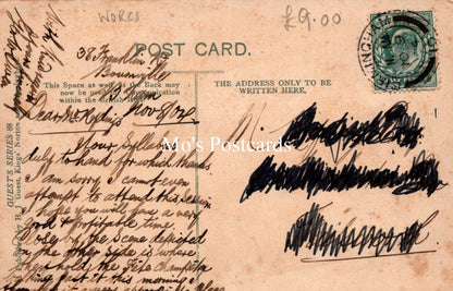 Vintage postcard with handwritten text and a stamp, featuring the brand 'Mo's Postcards'.