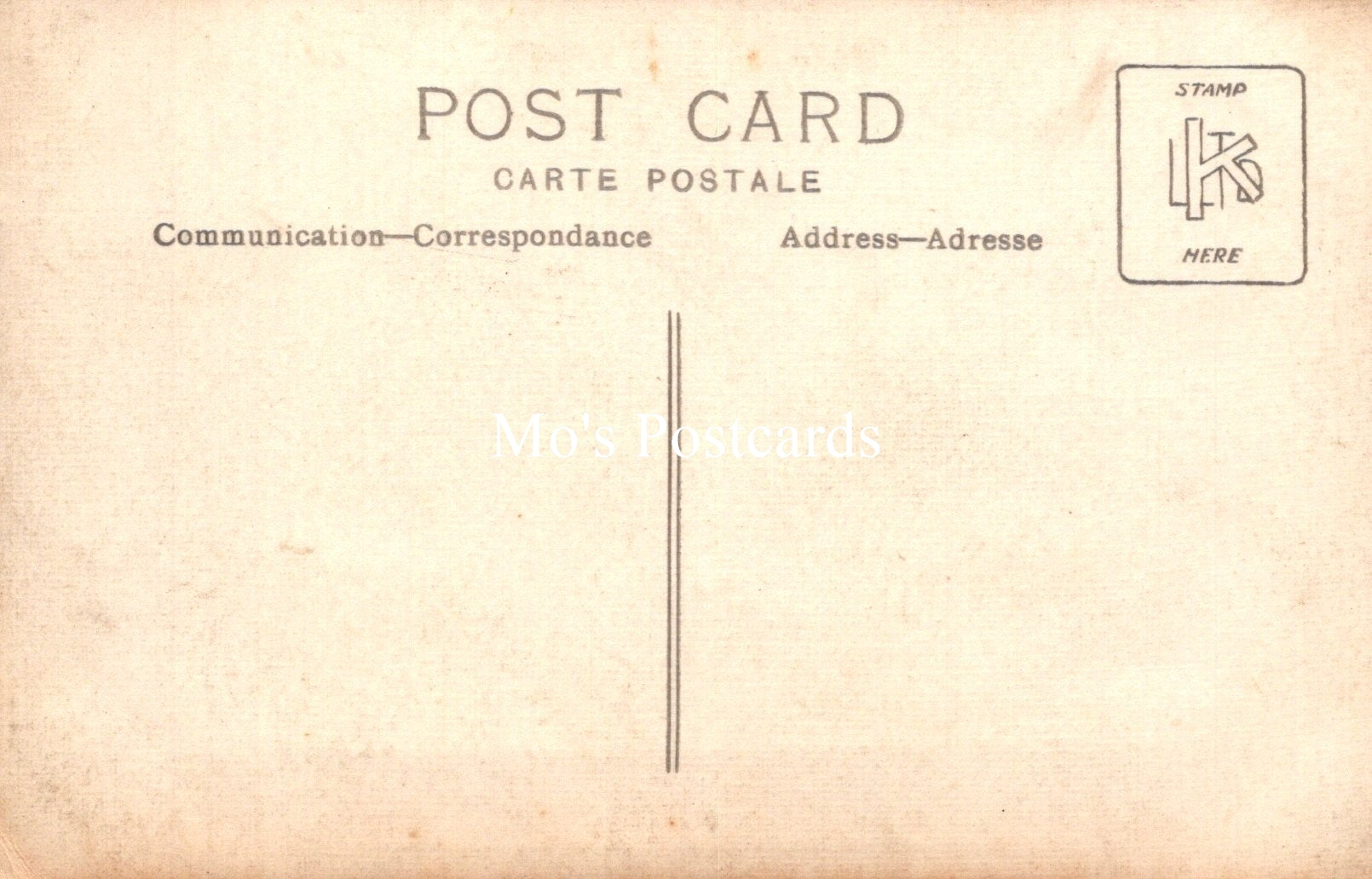 Vintage-style postcard with text and a stamp placeholder on a beige background