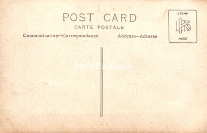Vintage-style postcard with text and a stamp placeholder on a beige background