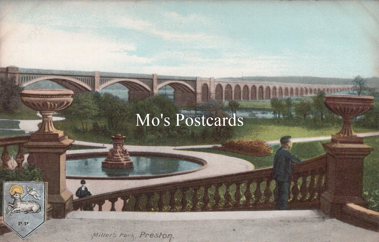 Vintage-style postcard with a scenic view of a bridge and park 