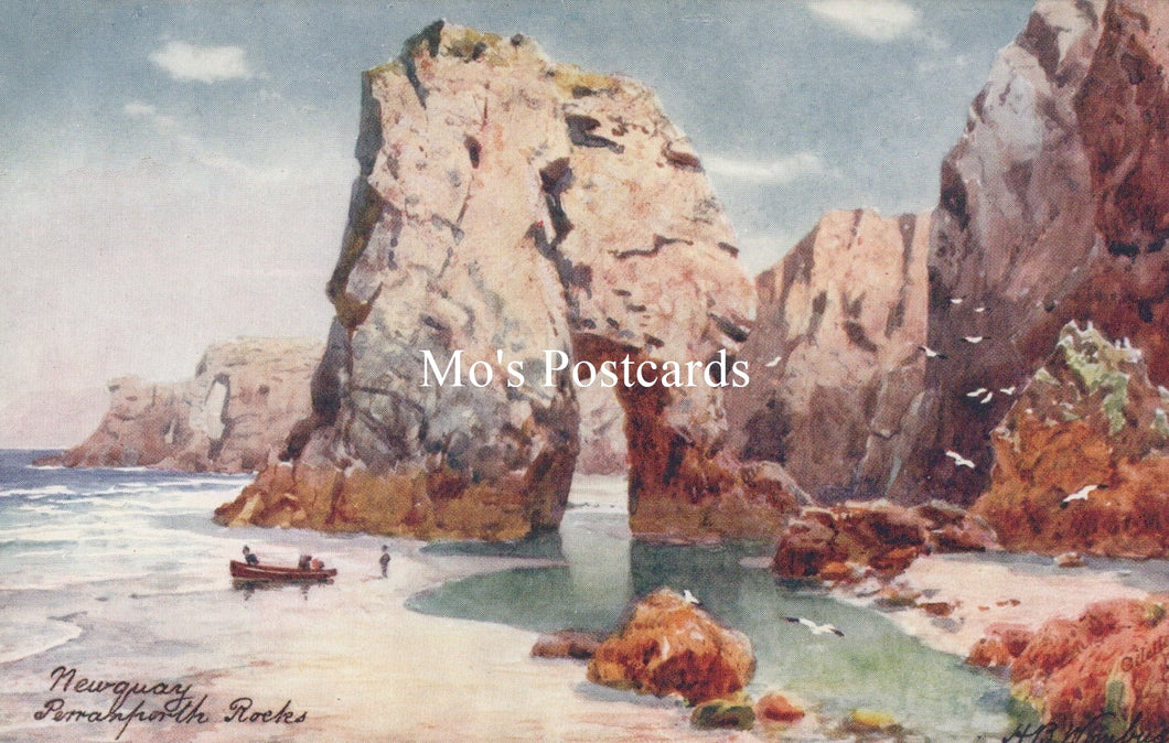 Vintage-style postcard of a coastal scene with large rocks and a boat on a beach 