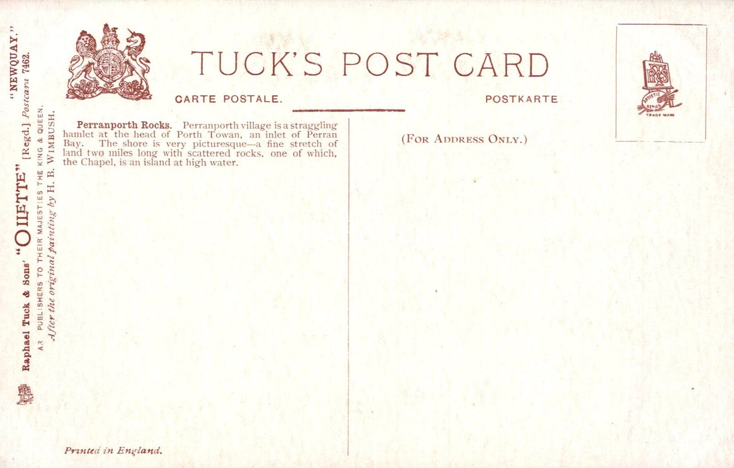 Back of a Tuck's postcard with text and logos