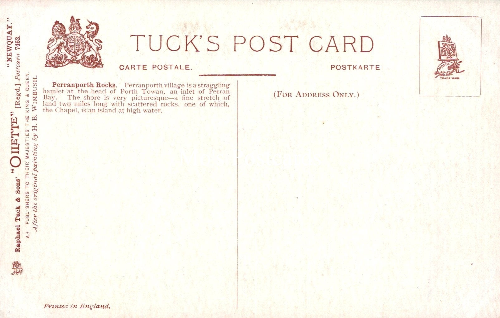 Back of a Tuck's postcard with text and logos
