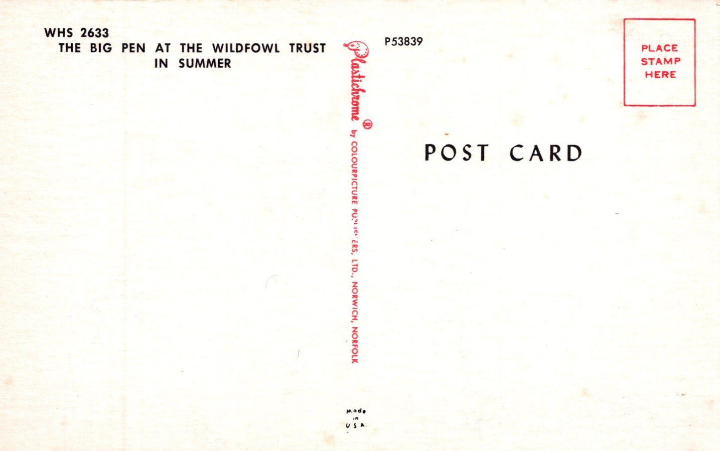 Back of a postcard with text and a stamp area.