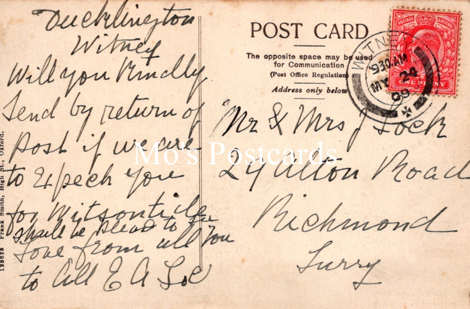 Vintage postcard with handwritten text and a red stamp 