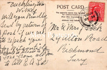 Load image into Gallery viewer, Vintage postcard with handwritten text and a red stamp 
