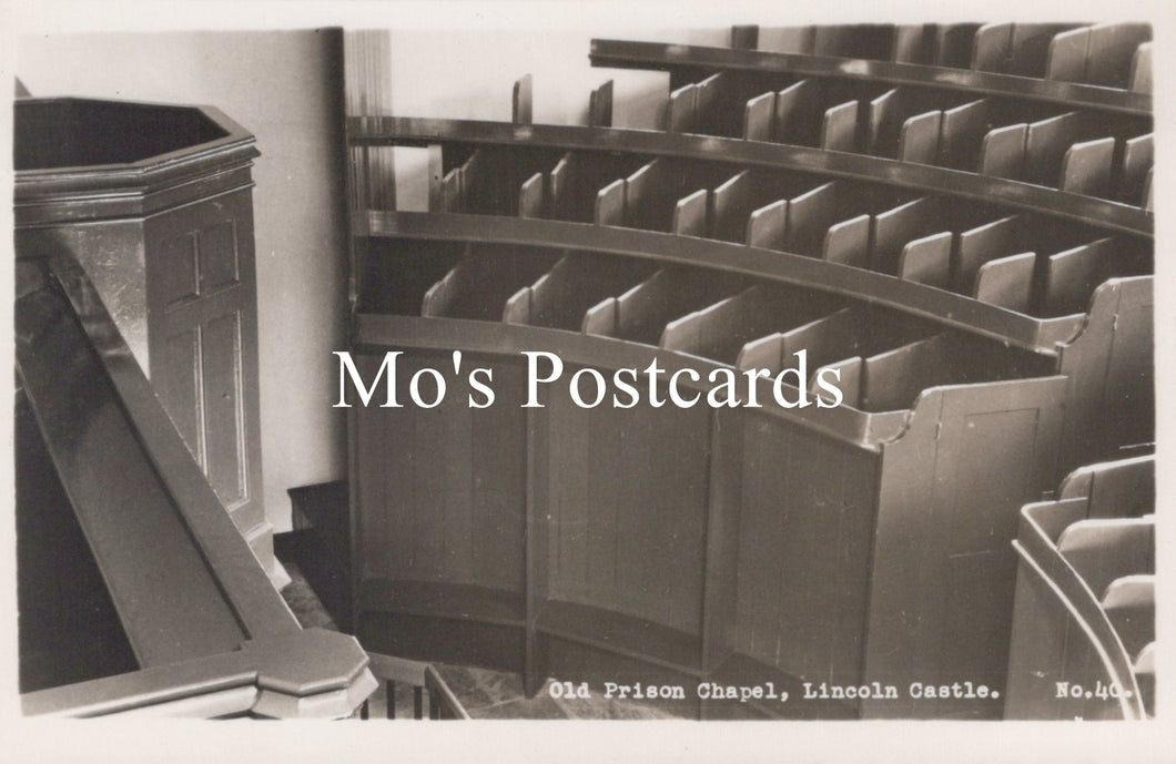 Black and white photo of church pews in a chapel with 'Mo's Postcards' text overlay.
