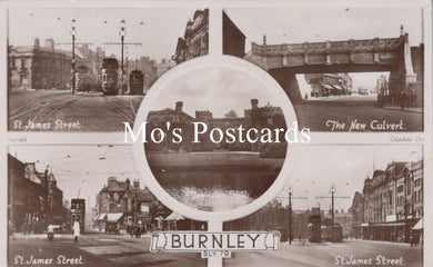 Vintage black and white postcard collage with 'Mo's Postcards' branding.
