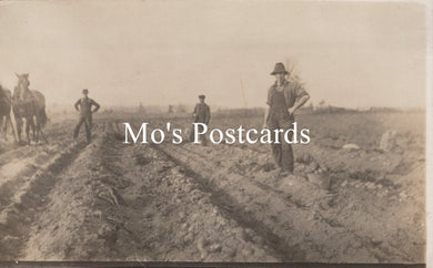 Vintage black and white photo of people working in a field  