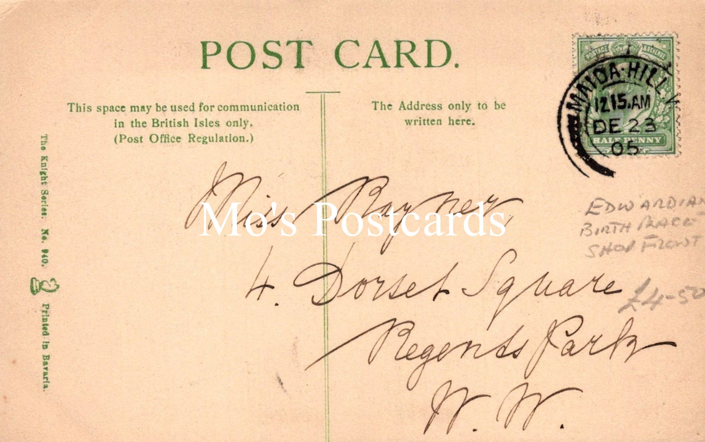 Vintage postcard with text and a stamp, featuring the brand 'Mae's Postcards'.