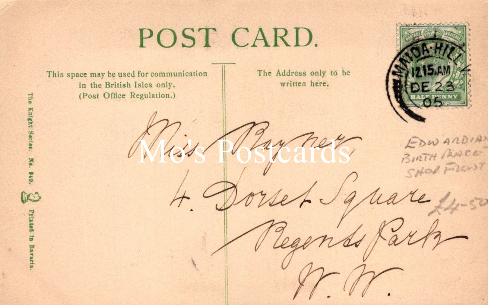 Vintage postcard with text and a stamp, featuring the brand 'Mae's Postcards'.