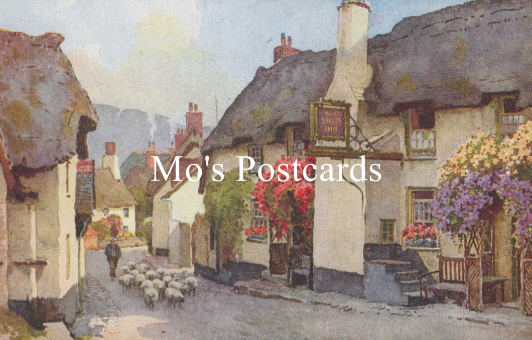 Painting of a quaint village street with thatched cottages and sheep 