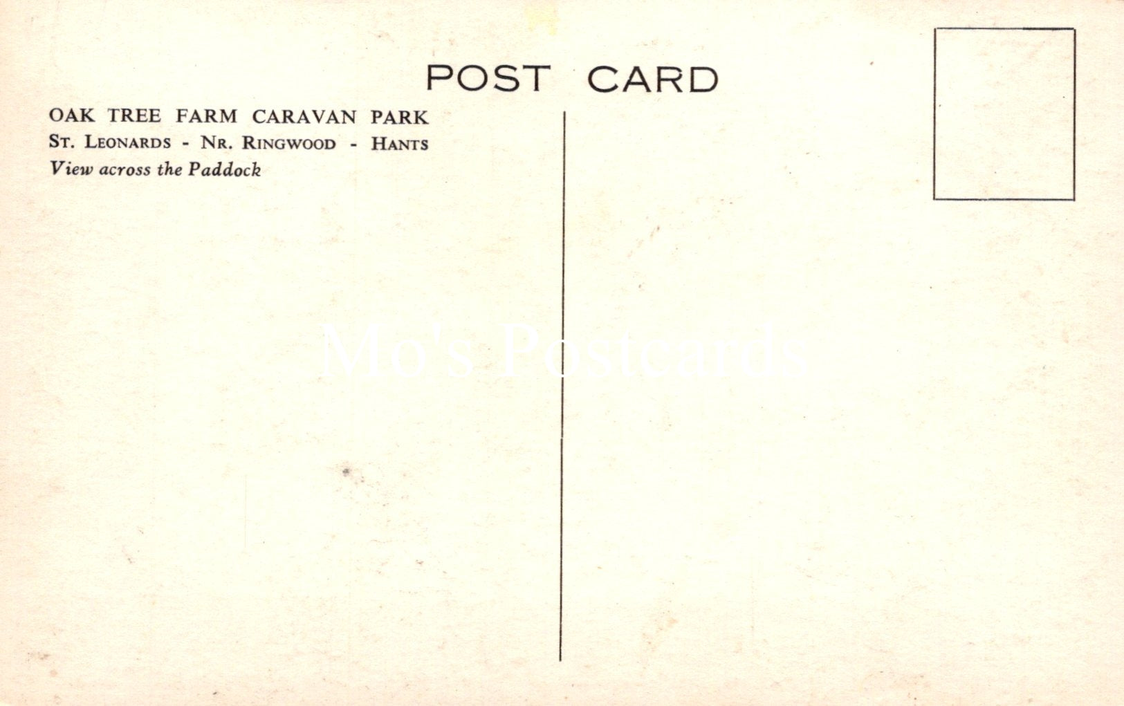 Back of a postcard from Oak Tree Farm Caravan Park with text and a blank space for a photo.