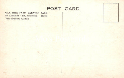 Back of a postcard from Oak Tree Farm Caravan Park with text and a blank space for a photo.