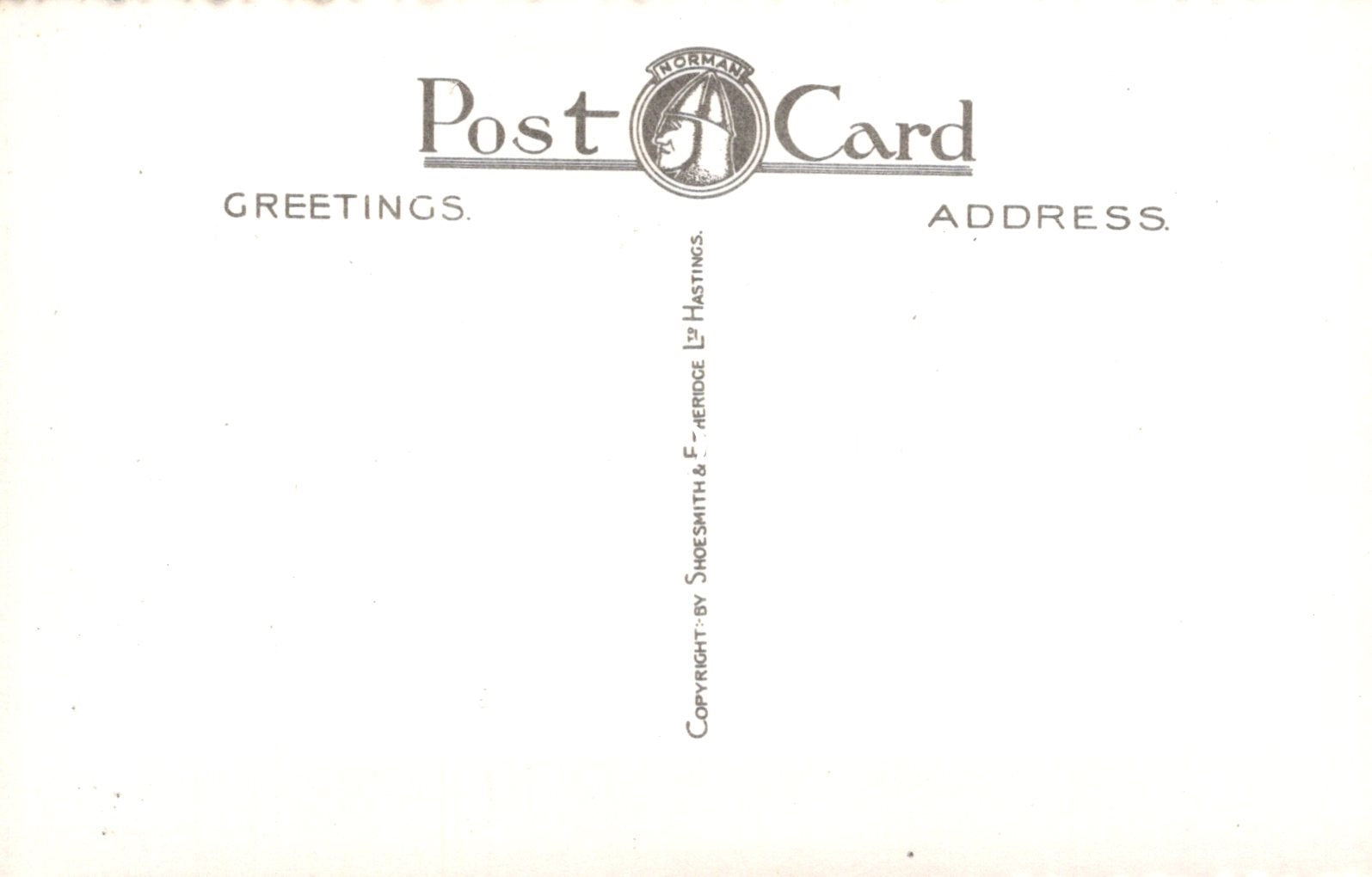 Back of a postcard with 'Greetings' and 'Address' text, featuring a logo.