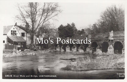 Vintage black and white postcard of a bridge over a river with trees and buildings in the background 