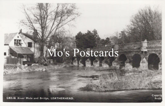 Vintage black and white postcard of a bridge over a river with trees and buildings in the background 