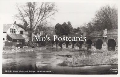 Vintage black and white postcard of a bridge over a river with trees and buildings in the background 