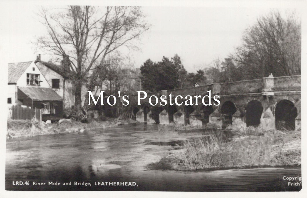 Vintage black and white postcard of a bridge over a river with trees and buildings in the background 