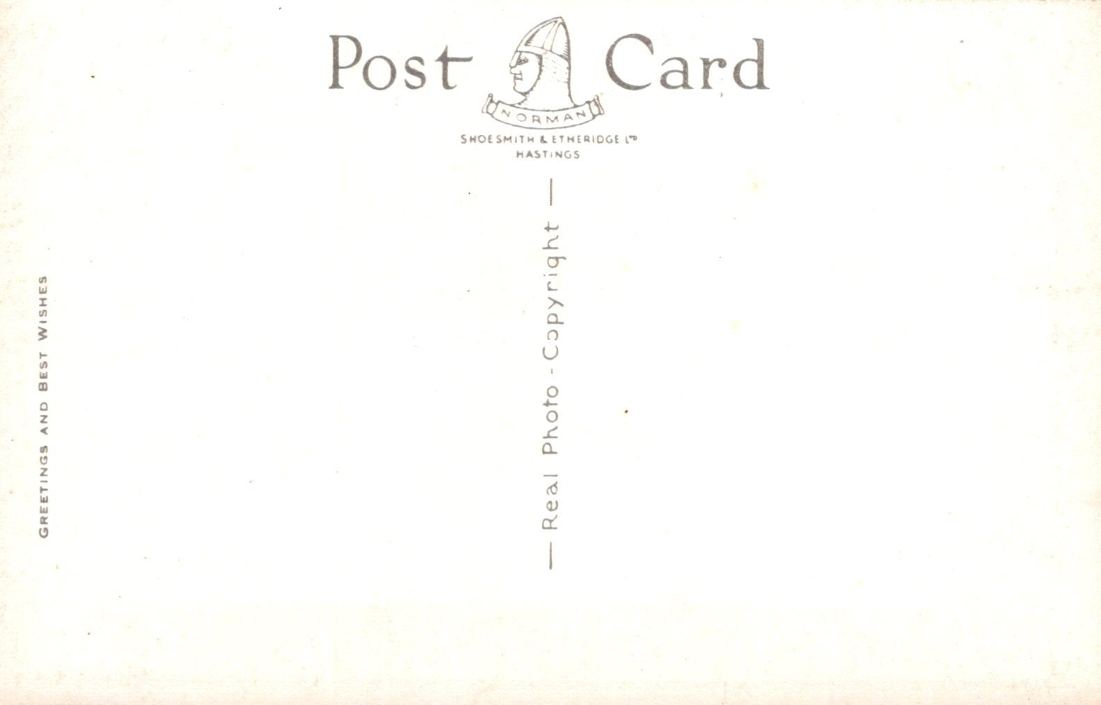 Back of a postcard with text and a logo on a white background