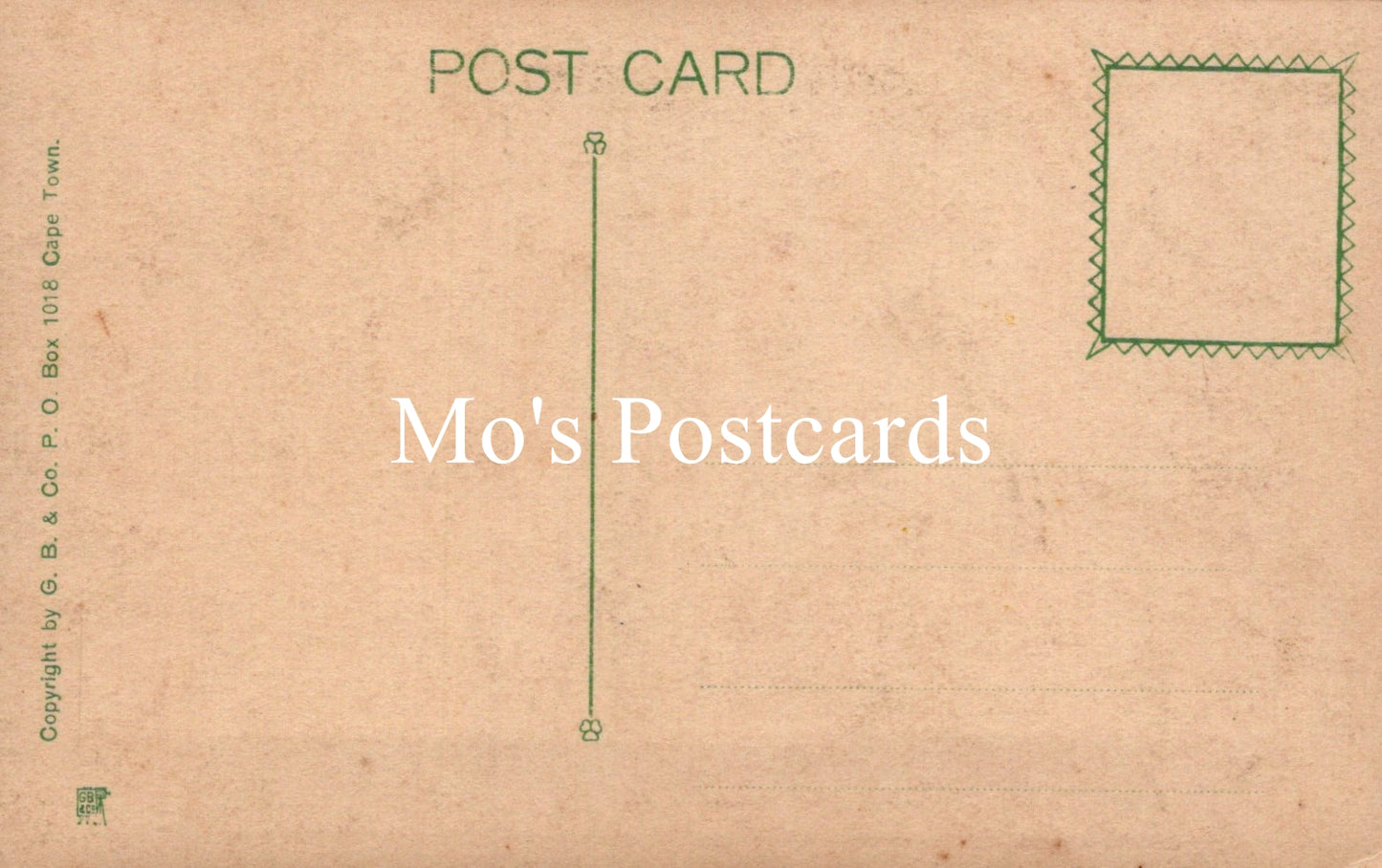 Back of a postcard with 'Mo's Postcards' branding on a brown background