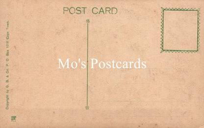 Back of a postcard with 'Mo's Postcards' branding on a brown background