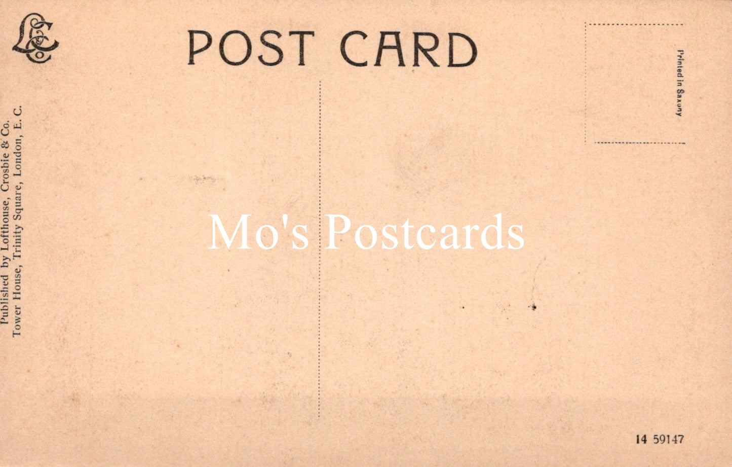 Back of a postcard with 'Mo's Postcards' branding on a beige background