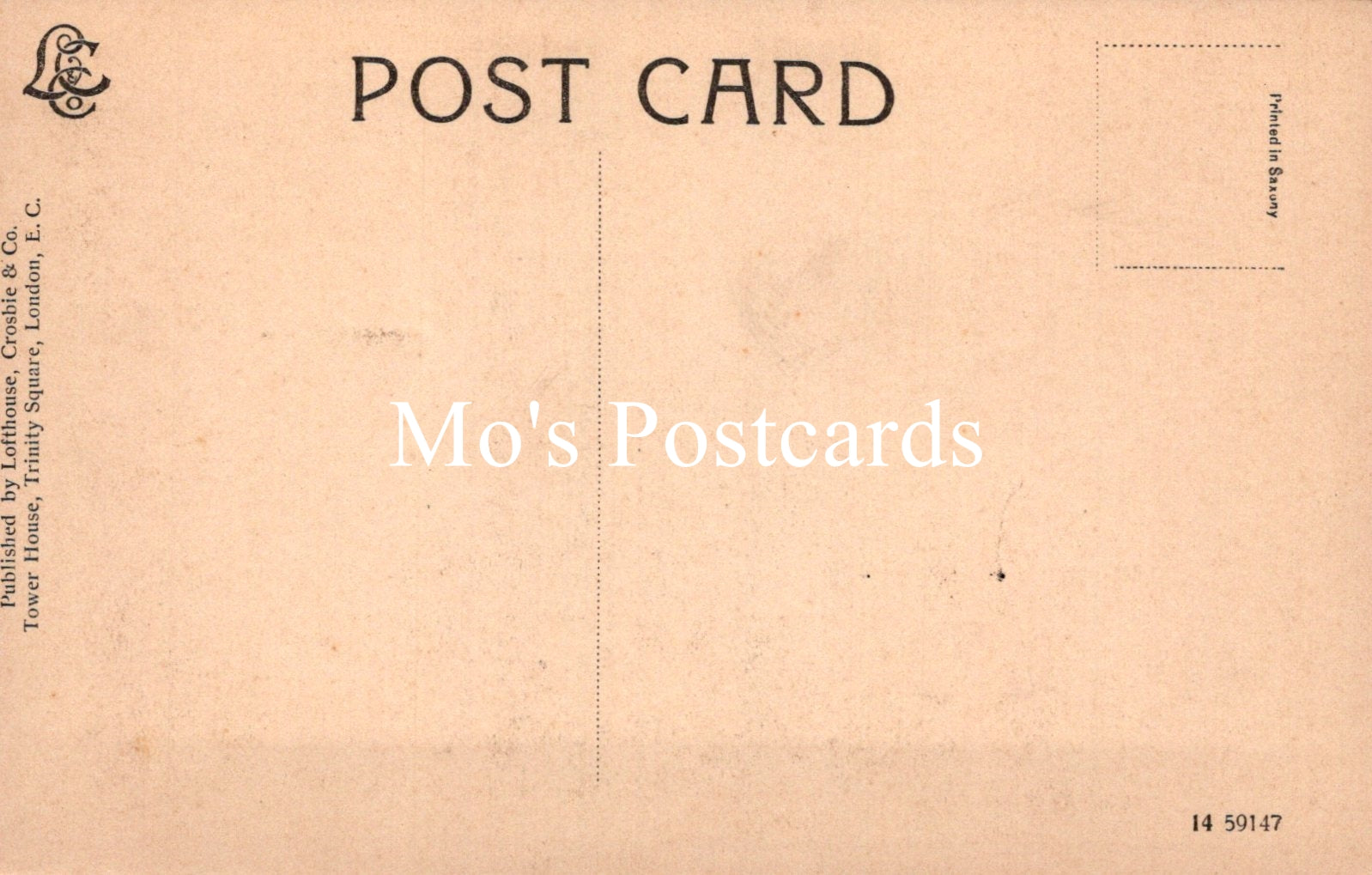 Back of a postcard with 'Mo's Postcards' branding on a beige background