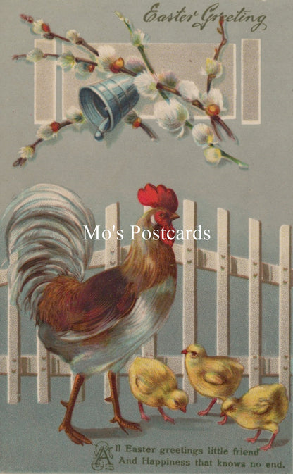 Vintage Easter postcard with rooster and chicks, featuring a fence and floral elements.