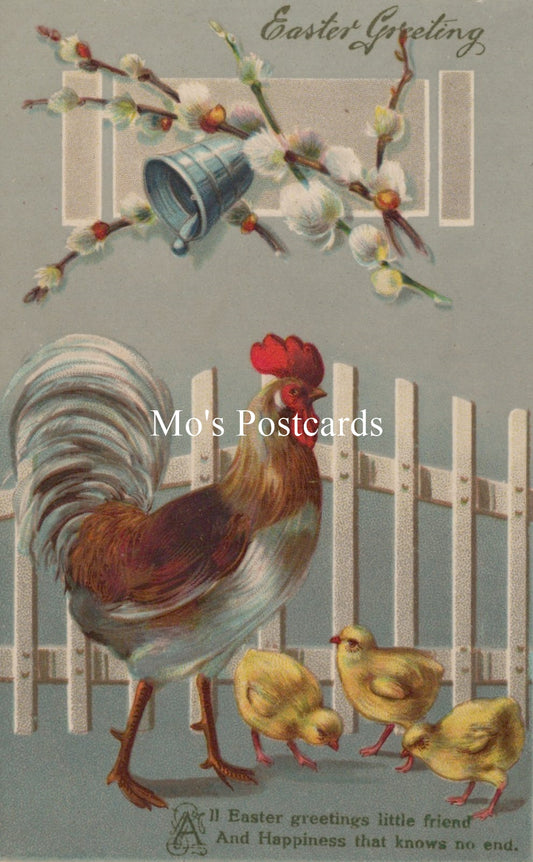 Vintage Easter postcard with rooster and chicks, featuring a fence and floral elements.